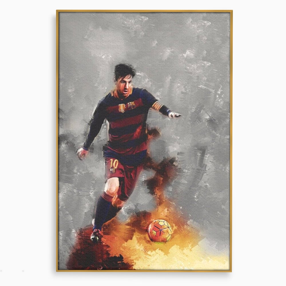 Tablou canvas cu tablou canvas cu fotbalistul lionel messi, in rama de aluminiu auriu